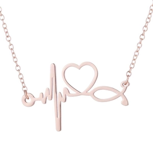 Close-up of rose gold heartbeat necklace with stethoscope and heart pendant detail