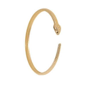 Minimalist gold snake-shaped stainless steel open bracelet with textured scales on white back