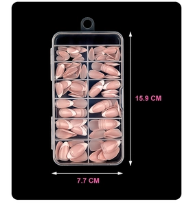 Short almond French press-on nails set with size measurements in a storage box
