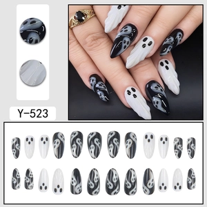 3D Halloween stiletto press-on nails with white ghost designs and 24-piece full set