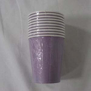 Detail shot of stackable purple disposable paper cups with white rims in plastic wrap