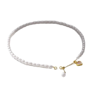 Natural freshwater pearl necklace with gold heart pendant and baroque pearl drop accessory