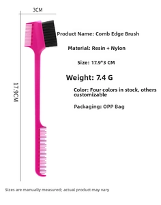 Detailed view of dual-sided eyebrow brush and comb with pink resin handle 17.9CM