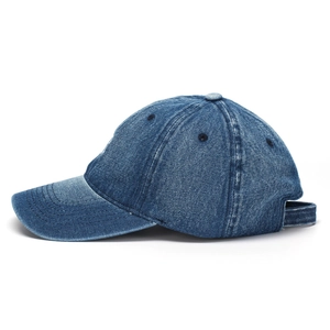 Side view detail of washed navy denim baseball cap with premium embroidery texture