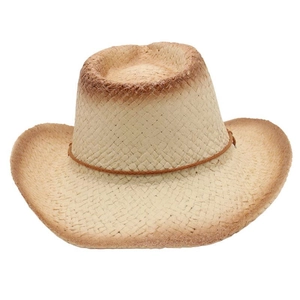 Detailed top view of straw cowboy hat showing natural weave and brown gradient edges