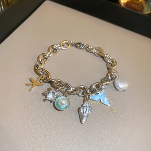 Ocean Theme Charm Bracelet Alloy Imitation Artificial Pearl Enamel Rhinestone Starfish Shell Fish Tail Conch Adjustable Women Jewelry