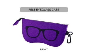 Purple felt eyeglass case with black zipper closure and eyeglass icon detail