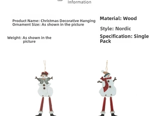 Detail view of two Nordic style wooden painted snowman ornaments with hanging jute ropes