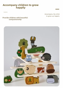 Close-up of animal-shaped wooden stacking blocks and balance board for educational play