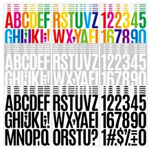 Macro view of 2.5-inch waterproof letter and number stickers in black, white, and colorful sets