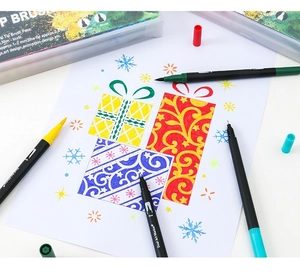 Dual art marker set showing flexible brush and fineliner tips for colorful drawing