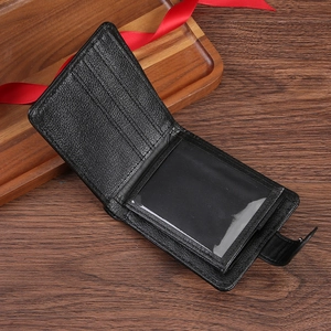 Classic black leather bifold wallet featuring multiple card slots and a clear ID window