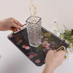 Rectangular floral resin serving tray with elegant gold metal handles and colorful patterns