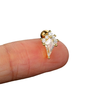 Minimalist gold plated stainless steel stud earring with micro-set zircon on finger