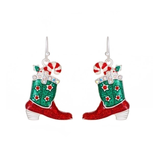 Christmas boot earrings with candy cane, rhinestones and festive red and green glitter