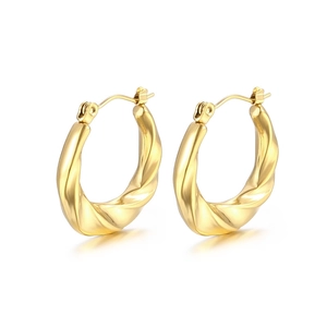Luxury 18k gold plated twisted stainless steel hoop earrings with glossy textured finish