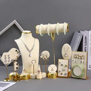 Jewelry Display Stand Necklace Bust Ring Holder Earring Organizer Metal Beige Microfiber Elegant Store Counter Showcase