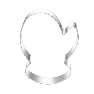Detailed view of glove shaped stainless steel cookie cutter showing metallic texture