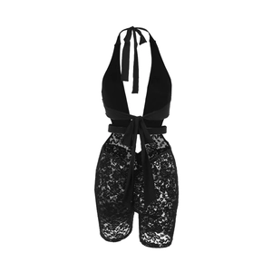 Detail view of black lace romper featuring halter neck, deep V neckline and tie-waist detail