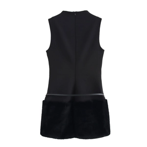 Elegant black sleeveless bodycon dress with faux fur trim hem and waist belt accessory