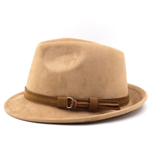 Detail view of the suede fedora hat crown with brown leather strap and gold buckle