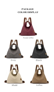 Gamma colori di zaini vintage in tela nei toni viola, grigio, nero, kaki e marrone caffè