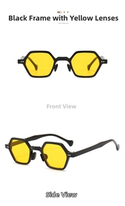 Front and side view of hexagonal black sunglasses with yellow lenses and rivet detail