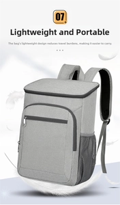 Close-up of lightweight grey insulated backpack with side mesh pocket and smooth zippers