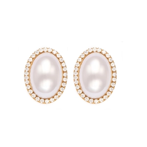 Elegant gold oval earrings featuring large white shell pearls surrounded by pavé zircons