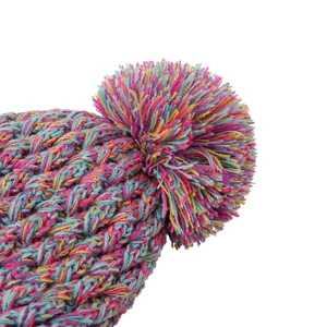 Close-up of vibrant multi-colored faux fur pompom on top of a knitted winter hat
