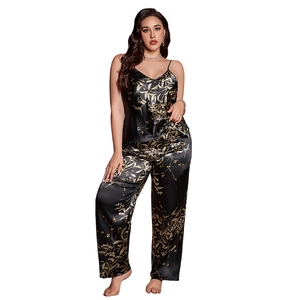 Damen Satin-Pyjama-Set in Übergröße mit goldenem Blattmuster auf schwarzem Seidenstoff