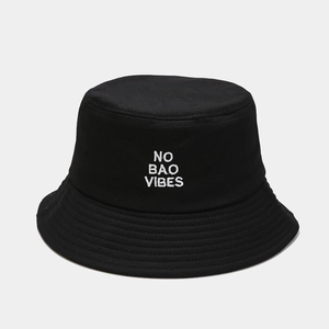 Unisex black cotton bucket hat with white NO BAO VIBES embroidery and stitched brim