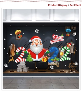 Detail of Christmas PVC stickers featuring Santa Claus and Merry Christmas text for windows
