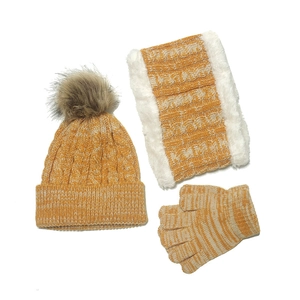 Ensemble tricot enfant 3 pièces avec bonnet à pompon, écharpe polaire et gants
