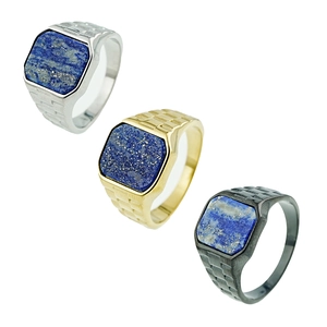 Men Lapis Lazuli Signet Ring Stainless Steel Square Blue Stone Vintage Geometric Textured Band Jewelry Retro Style