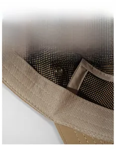 Detail of khaki military cap featuring wide sweatband and breathable mesh lining