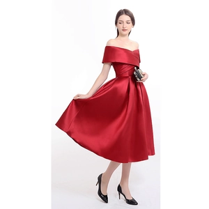 Elegant burgundy off-the-shoulder satin cocktail dress with pleated waist and A-line skirt