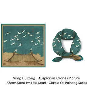 53cm premium silk square scarf featuring traditional Chinese Auspicious Cranes painting
