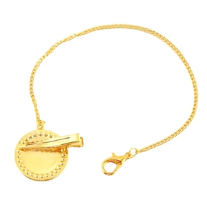 Golden pacifier chain clip with initial alphabet design on a clean white background