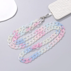Colorful 120cm acrylic crossbody phone chain with pink blue links and silver spring hooks