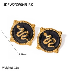 Detailed view of vintage gold snake earrings with black agate and measurement indicators