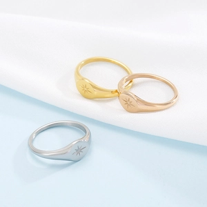 Polished stainless steel starburst rings in gold, silver, and rose gold finishes