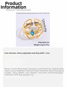 Macro detail of gold crown ring with blue stone and size specifications for women