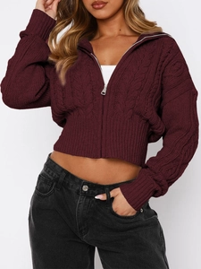 Dettaglio del cardigan in maglia a trecce bordeaux con taglio corto e zip frontale argento