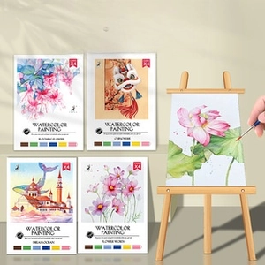 Detail of four watercolor painting card sets featuring floral and lion dance themes