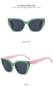 Detailed views of M1032 cat-eye sunglasses with green frame and purple temples
