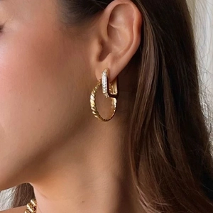 Luxurious gold stainless steel double hoop earrings featuring a zircon rectangular ring