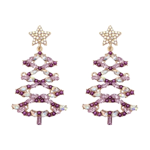 Exaggerated luxury hollow Christmas tree earrings with purple crystals and gold alloy