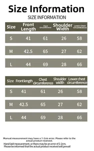 Detailed sports bra size chart showing length, chest, and shoulder width for S, M, and L sizes