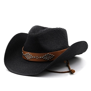 Classic black woven cowboy straw hat with studded leather band and adjustable chin strap